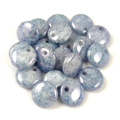 Lentil with Asymetrical Hole - Czech Glass Bead - Chalk White Blue Marble Luster - 6mm