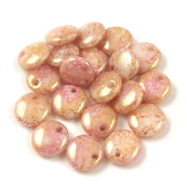   Lentil with Asymetrical Hole - Czech Glass Bead - Chalk White  Pink Marble Luster - 6mm