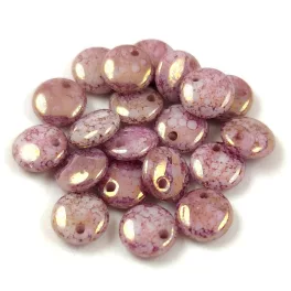   Lentil with Asymetrical Hole - Czech Glass Bead - Chalk White  Purple Marble Luster - 6mm