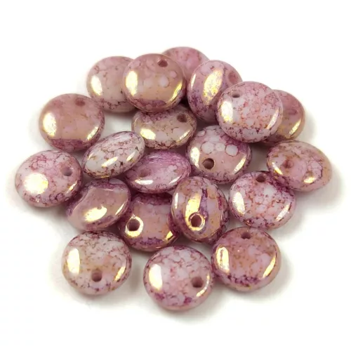 Lentil with Asymetrical Hole - Czech Glass Bead - Chalk White  Purple Marble Luster - 6mm