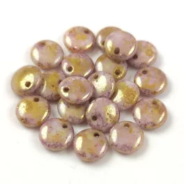   Lentil with Asymetrical Hole - Czech Glass Bead - Chalk White Purple Bronze Luster - 6mm