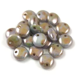   Lentil with Asymetrical Hole - Czech Glass Bead - Chalk White  Green Brown Luster - 6mm
