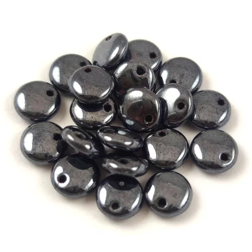 Lentil with Asymetrical Hole - Czech Glass Bead - Opaque Jet Hematit - 6mm