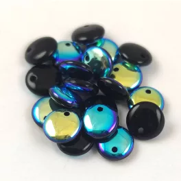   Lentil with Asymetrical Hole - Czech Glass Bead - Opaque Jet AB - 6mm