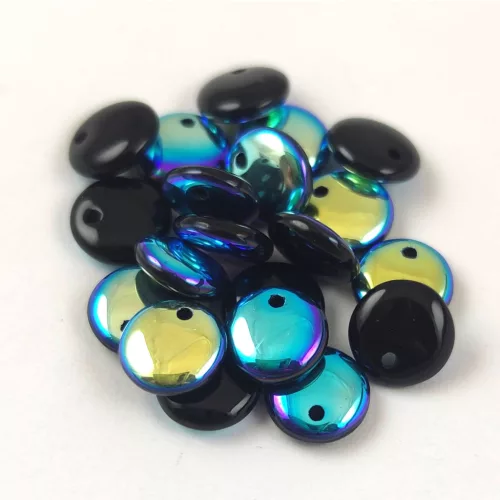 Lentil with Asymetrical Hole - Czech Glass Bead - Opaque Jet AB - 6mm