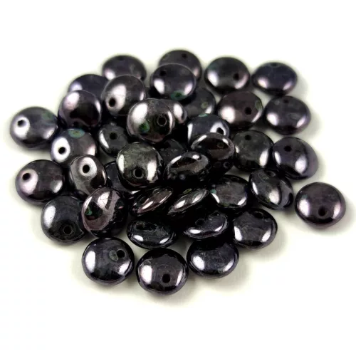 Lentil with Asymetrical Hole - Czech Glass Bead - Jet Eggplant Picasso -6mm