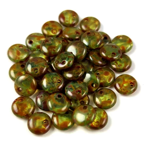 Lentil with Asymetrical Hole - Czech Glass Bead - Czech Glass Bead - Czech Glass Bead - Czech Glass Bead-zöld-barna márvány -6mm