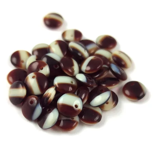 Lentil with Asymetrical Hole - Czech Glass Bead -opaque csoki-white cirmos-6mm