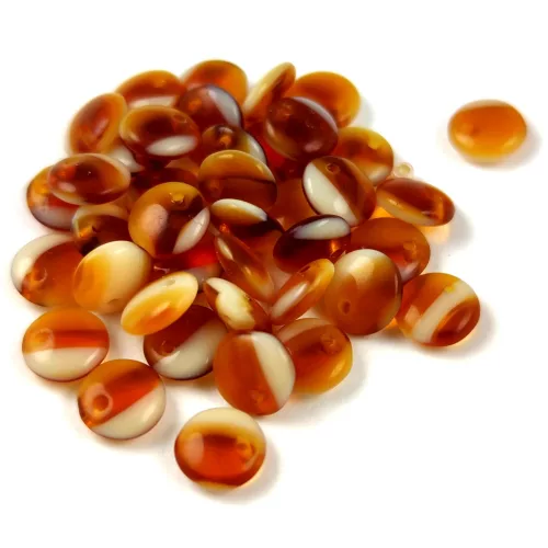 Lentil with Asymetrical Hole - Czech Glass Bead - white-amber cirmos -6mm