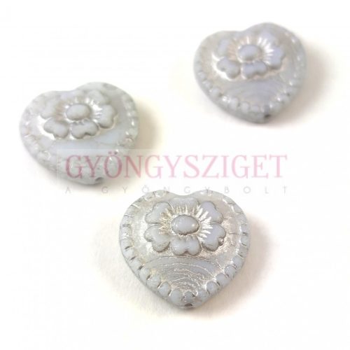 Czech Glass Bead - Heart with Flower - Alabaster Silver  - 17mm