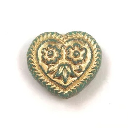   Cseh üveg gyöngy - hosszában fúrt szív alakú - Turquoise Green Gold - 17mm