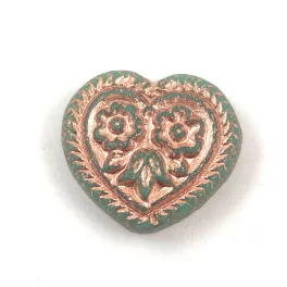   Cseh üveg gyöngy - hosszában fúrt szív alakú - Turquoise Green Copper - 17mm