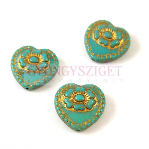 Czech Glass Bead - Heart with Flower - Turquoise Green Gold - 17mm