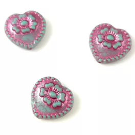   Cseh üveg gyöngy - hosszában fúrt szív alakú - Turquoise Green Fuchsia - 17mm