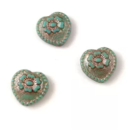   Cseh üveg gyöngy - hosszában fúrt szív alakú - Turquoise Green Silver - 17mm