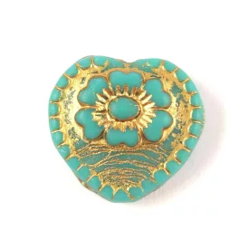   Cseh üveg gyöngy - hosszában fúrt szív alakú - Matt Turquoise Green Gold - 17mm