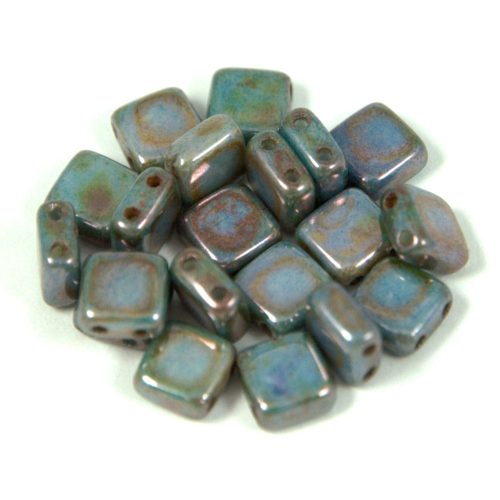 Tile Czech  2 Hole Glass Bead -  Alabaster Green Brown Luster - 6x6