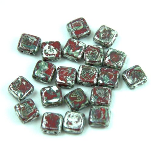 Tile Czech  2 Hole Glass Bead -  Dark Red Travertin - 6x6