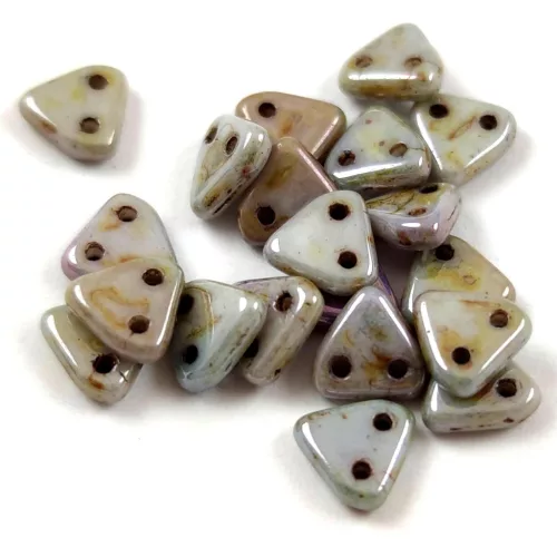 CzechMates 2 Hole Triangle Czech Glass Bead - Opaque White Green Brown Luster  -6mm