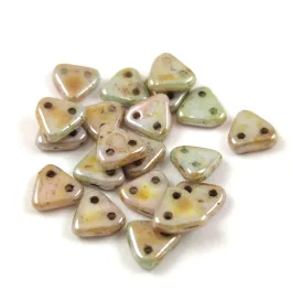   CzechMates 2 Hole Triangle Czech Glass Bead - Opaque Green Luster  Brown Marble - 6mm