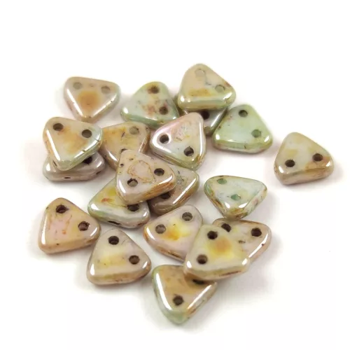 CzechMates 2 Hole Triangle Czech Glass Bead - Opaque Green Luster  Brown Marble - 6mm