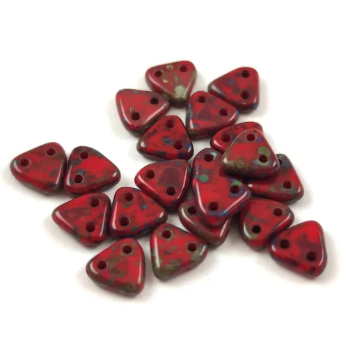 CzechMates 2 Hole Triangle Czech Glass Bead - Opaque Dark Red Travertine - 6mm