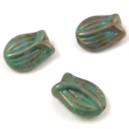 Czech Glass Bead - Tulip - Turquoise Green Bronze - 16x11mm