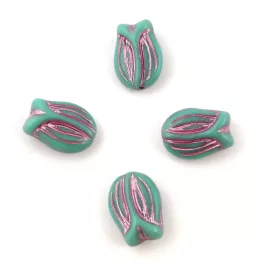 Czech Glass Bead - Tulip - Turquoise Green Violet - 16x11mm