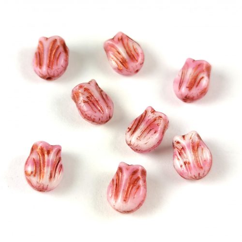 Cseh üveg gyöngy - hosszában fúrt tulipán alakú - Pink Copper - 9x7mm