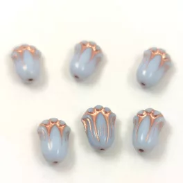   Tulip Bud - cseh préselt üveggyöngy - Light Blue Copper - 12x8mm