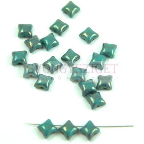 Wibeduo Czech 2 Hole Pressed Bead -  Opaque Turquoise Green Gold Luster - 8mm