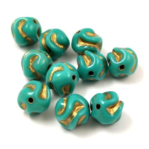 Czech pressed round bead - Yarn ball - Turquoise Green Gold - 8mm