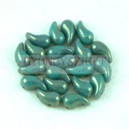   Zoliduo Czech Pressed 2 Hole Glass Bead - Opaque Turquoise Green Gold Luster - 5x8mm - left