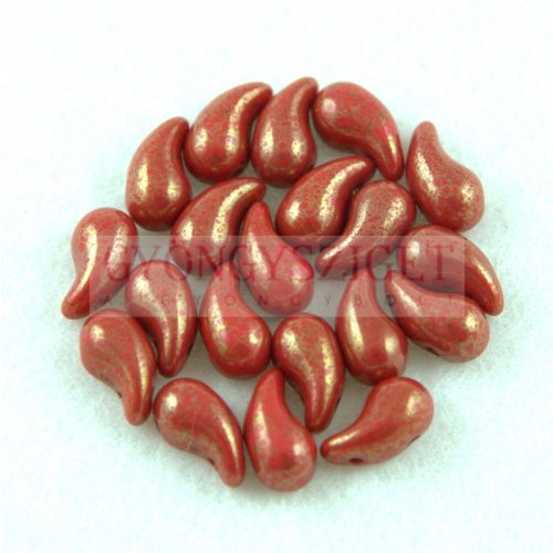 Zoliduo Czech Pressed 2 Hole Glass Bead - Opaque Red Gold Luster - 5x8mm - left